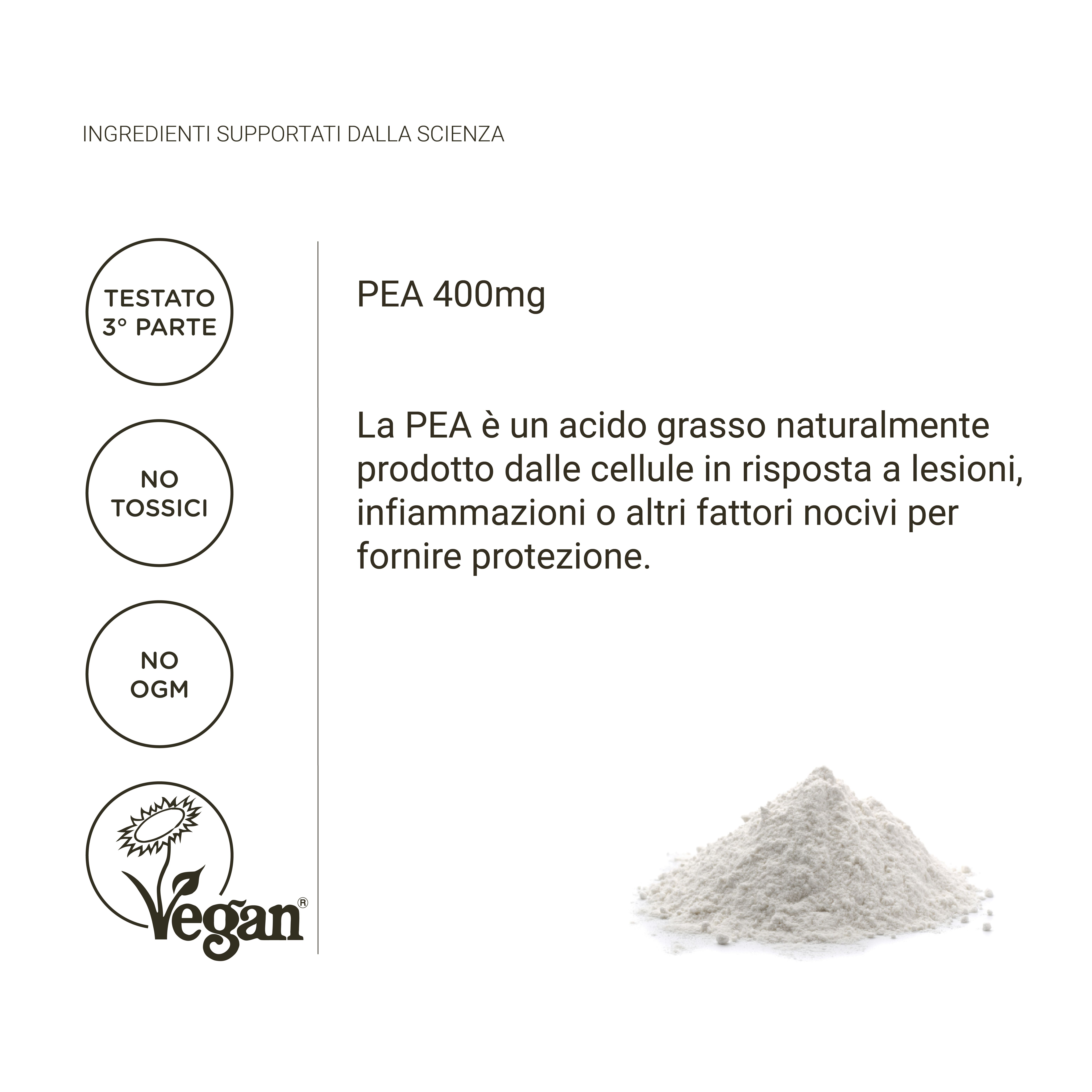 Pila di polvere bianca. Testo: PEA 400mg. Logo Vegan. Testo: La PEA è un acido grasso prodotto dal corpo.