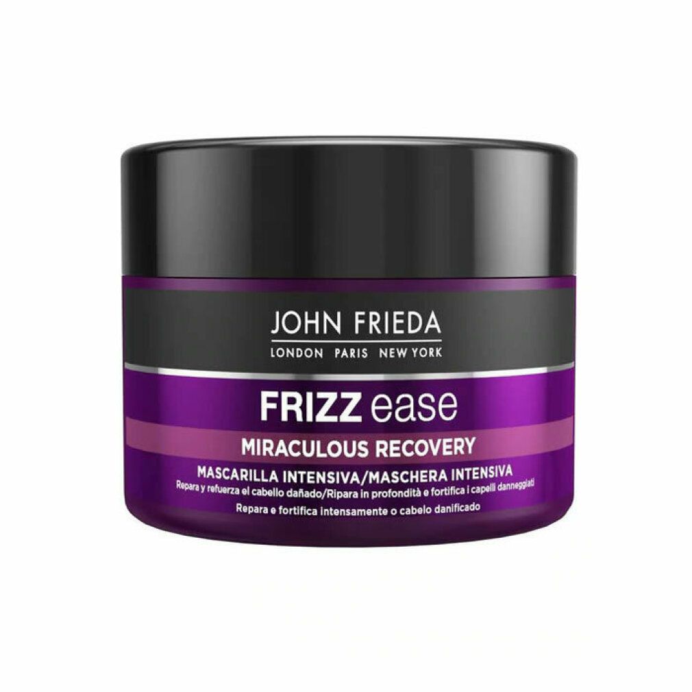 John Frieda Frizz Ease Miraculous Recovery Deep Conditioner. Vaso rotondo, coperchio nero, etichetta viola.