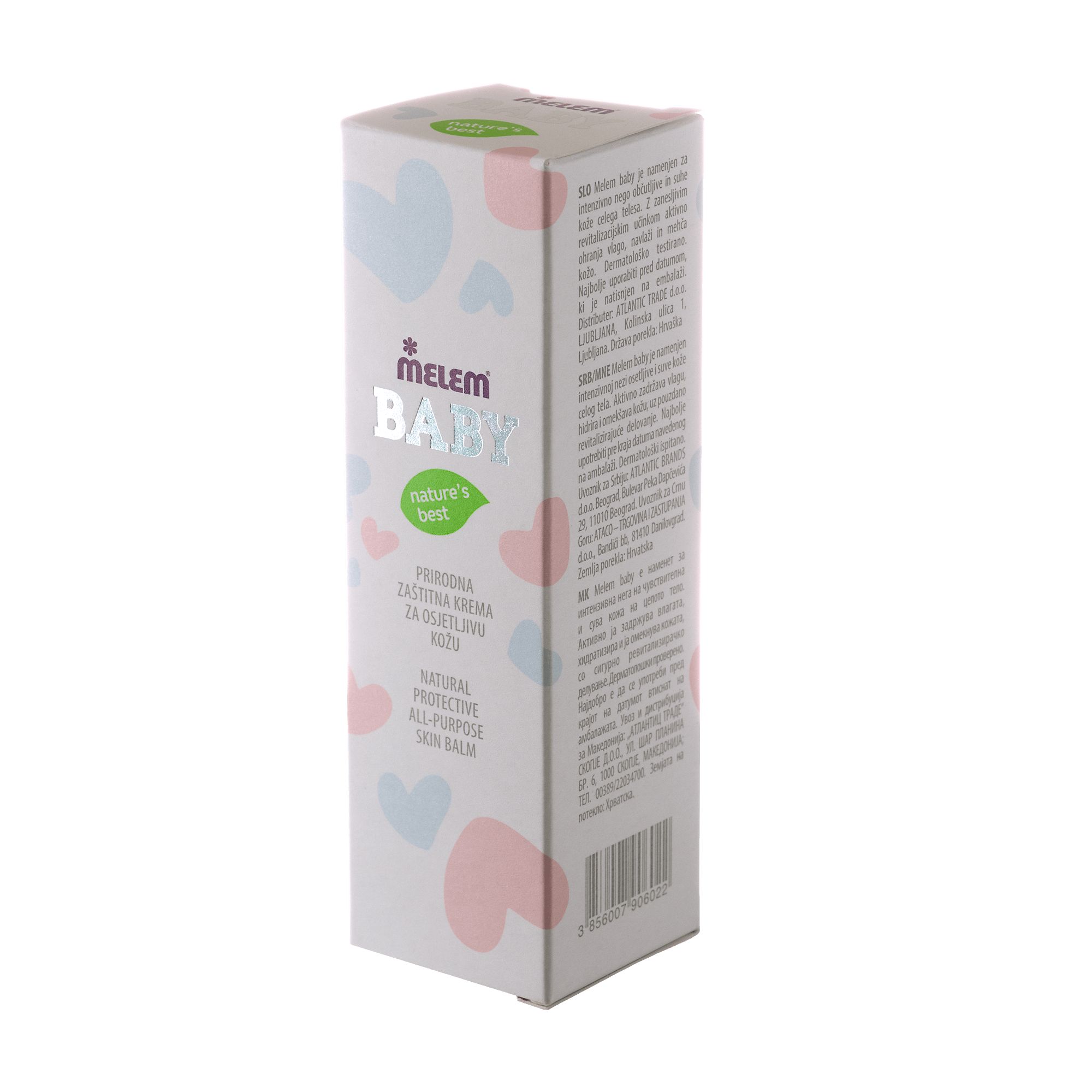 Confezione in cartone con logo e nome del prodotto. Testo multilingue. Cuori rosa e blu su sfondo bianco.