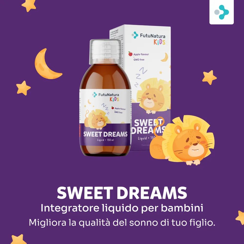 Bambino che dorme con orsacchiotto. Bottiglia e scatola FutuNatura Sweet Dreams.