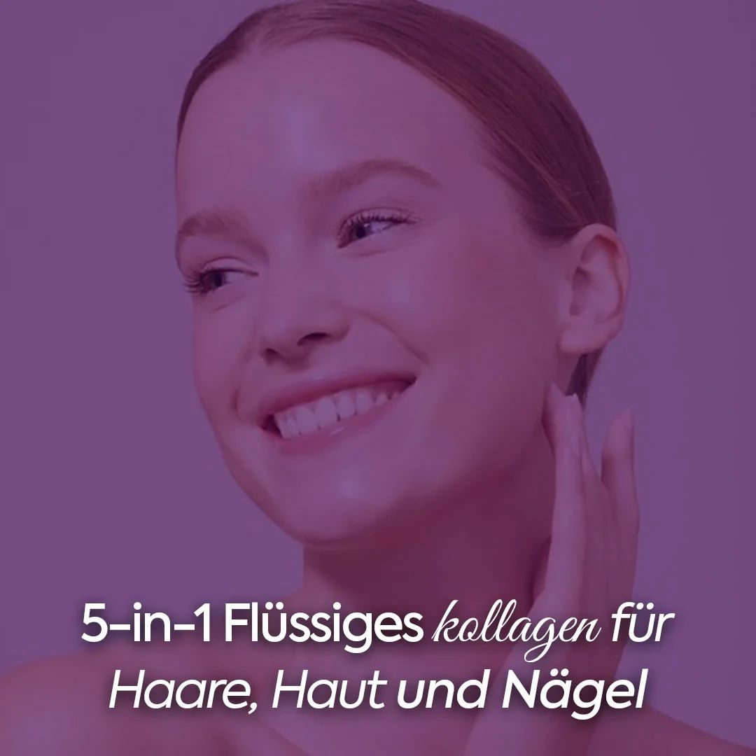 Donna sorridente con pelle liscia, testo: collagene liquido 5-in-1 per capelli, pelle e unghie.