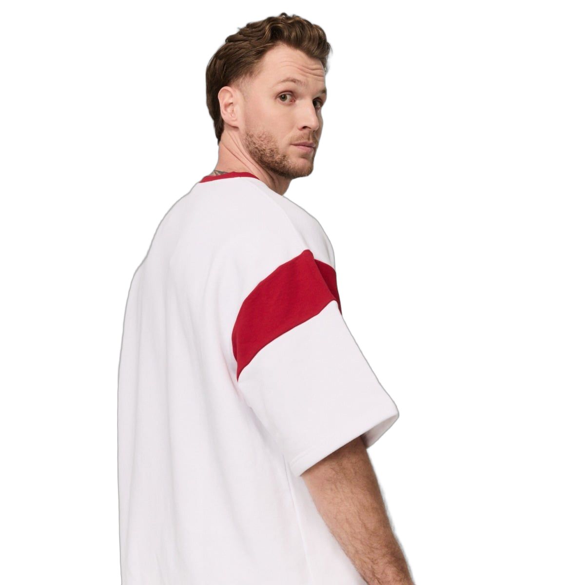 GymBeam T-shirt uomo oversize manica corta Varsity bianco-rosso