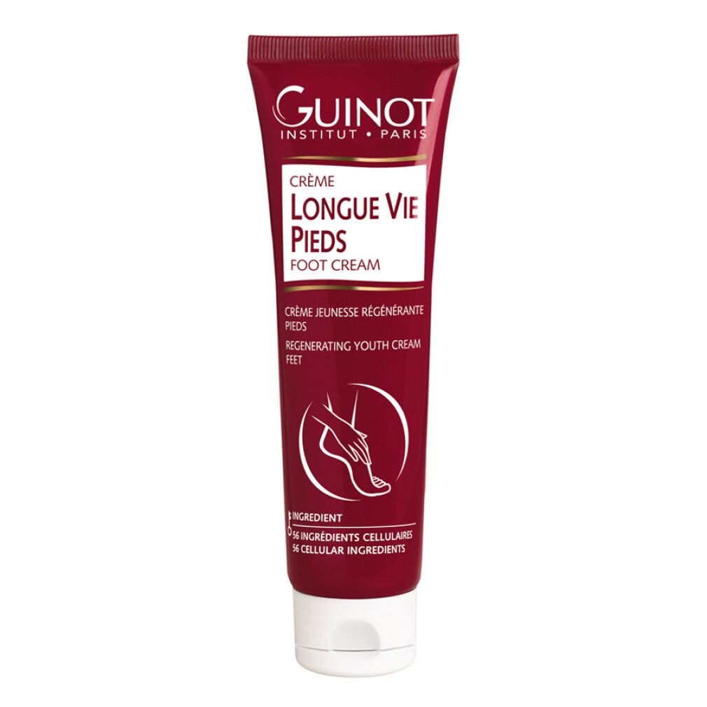 Tubo rosso Guinot Longue Vie Pieds. Scritta: Foot Cream. Contiene 125 ml. Tappo bianco. Logo Guinot.