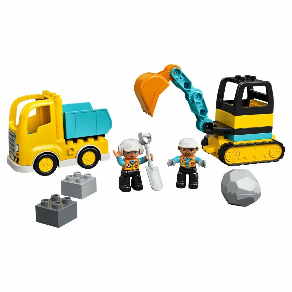 LEGO Duplo Bagger und Laster. Camion giallo, escavatore arancione, personaggi, blocchi e roccia. Senza confezione.