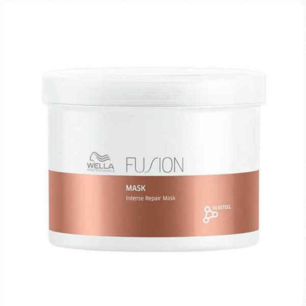 Vaso bianco con fascia marrone. Scritta: Wella Fusion Mask. Logo e simbolo Silkteel.