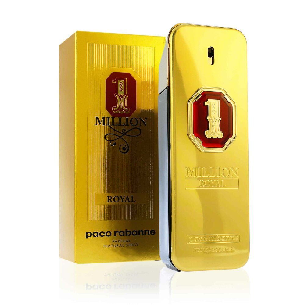 Flacone e confezione dorati. Scritta: 1 MILLION ROYAL, paco rabanne. Flacone a forma di lingotto, con stemma rosso.
