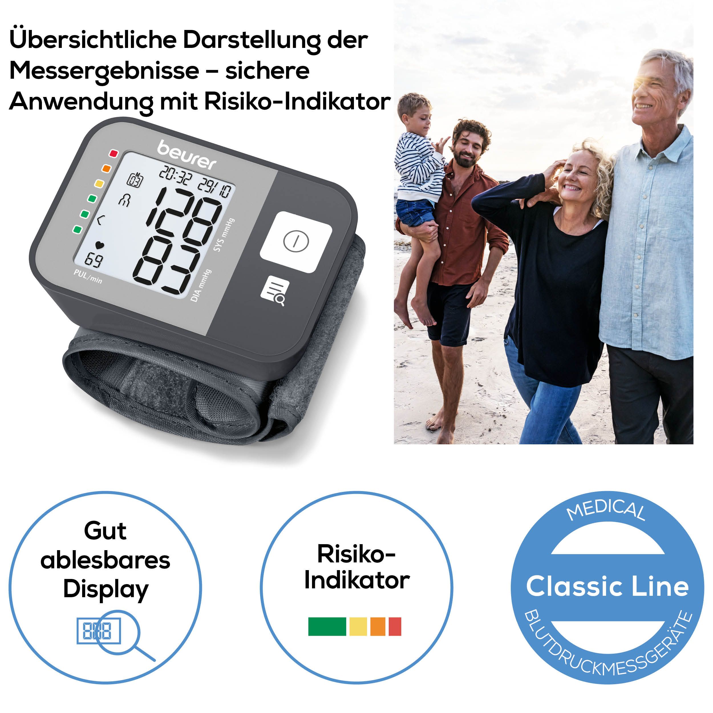 Misuratore di pressione da polso con display. Indicatore di rischio. Dispositivo medico. Beurer Classic Line.