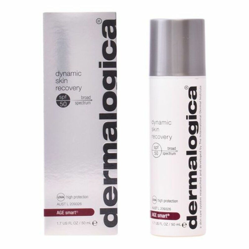 Prodotto e confezione. Prodotto bianco con tappo argentato. Testo: dynamic skin recovery, SPF 50, AGE smart, Dermalogica.