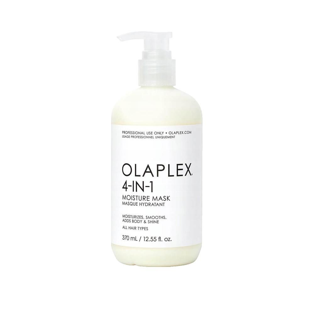 Maschera idratante Olaplex 4-in-1. Flacone bianco con dosatore a pompa. Testo: Moisture Mask, 370 ml. Per tutti i tipi di capelli.