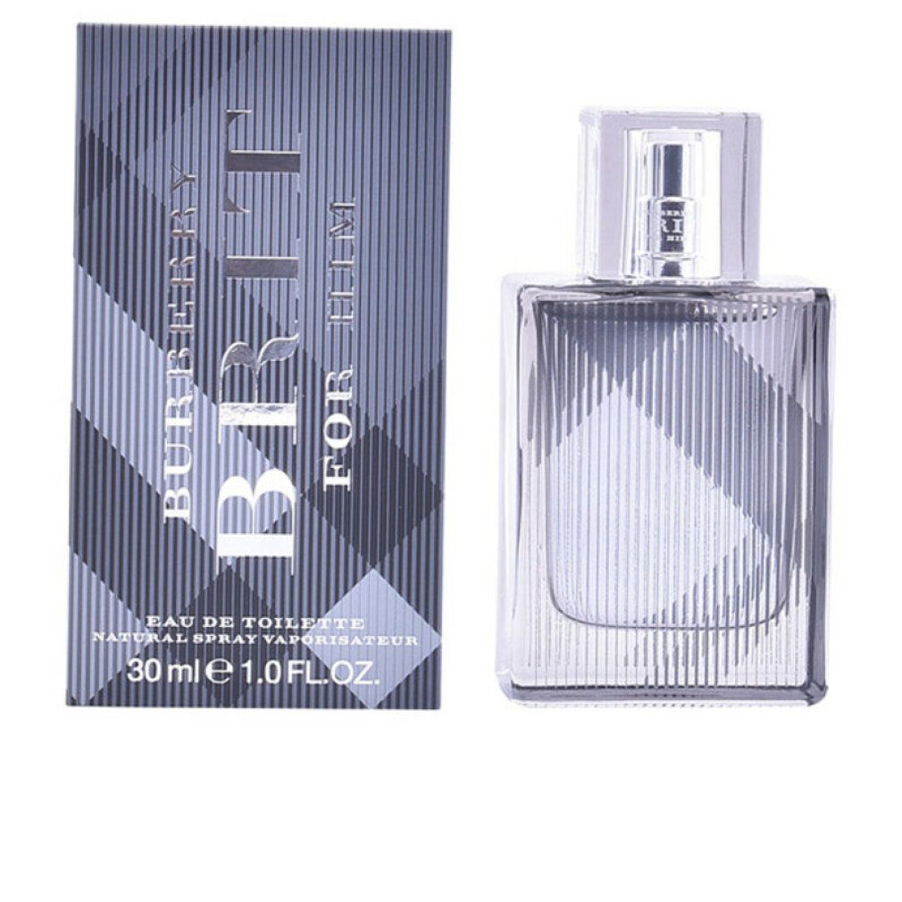 Burberry Brit For Him Eau de Toilette. Flacone e confezione con motivo a quadri. 30 ml. Scritta sulla confezione.