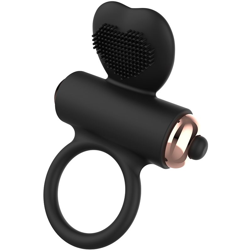 Anello vibrante per pene in silicone nero con elementi color oro rosa. Anello, testina vibrante con nodi e pulsante.