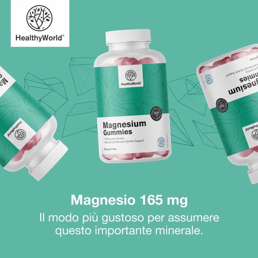 Tre flaconi di Magnesium Gummies. Testo: Magnesio 165 mg.