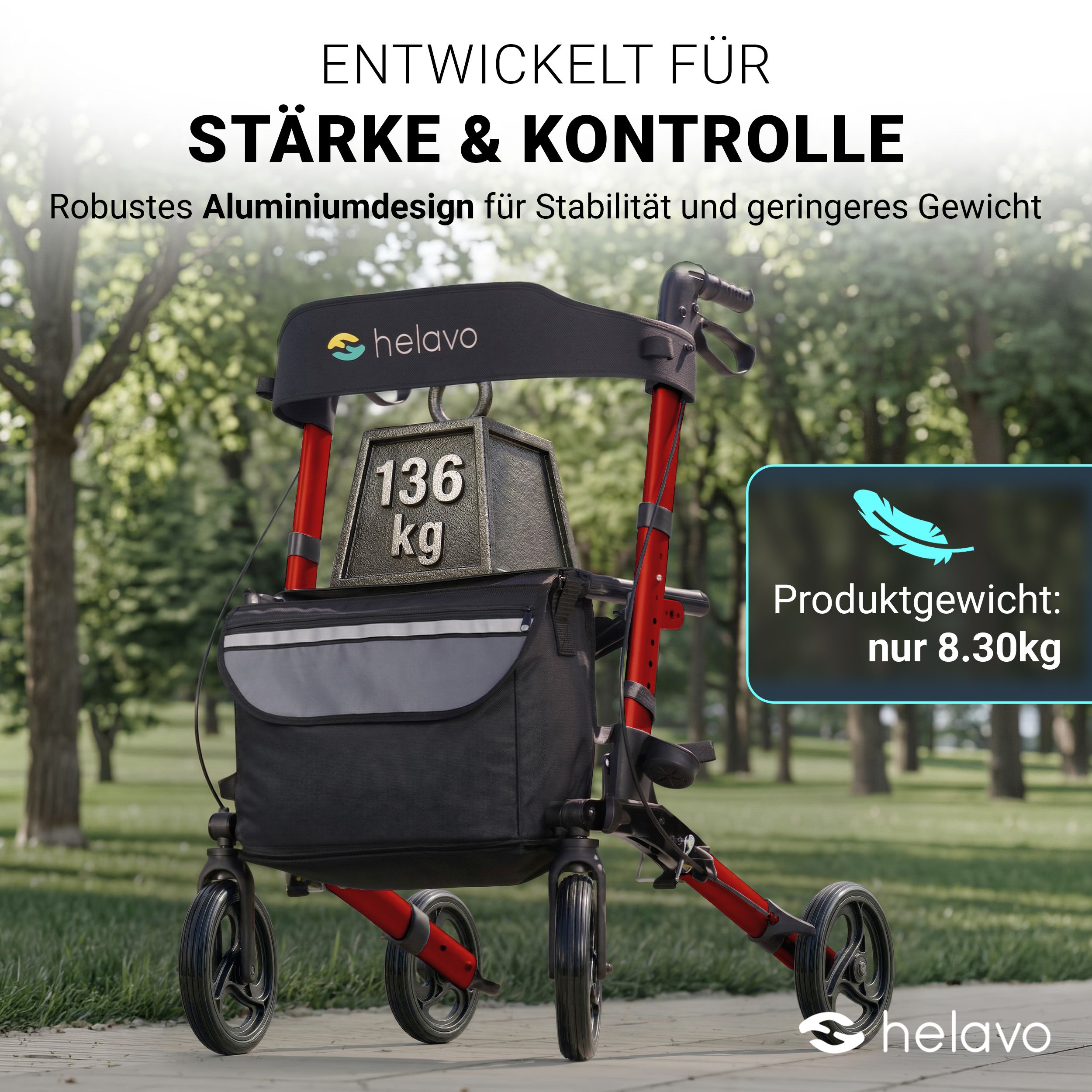 Rollator Helavo rosso testato per 136kg. Peso del prodotto solo 8,30kg.