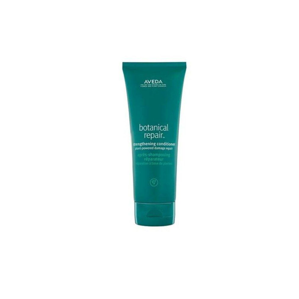 Tubo verde con testo bianco. Scritta: Aveda, Botanical Repair, Strengthening Conditioner.