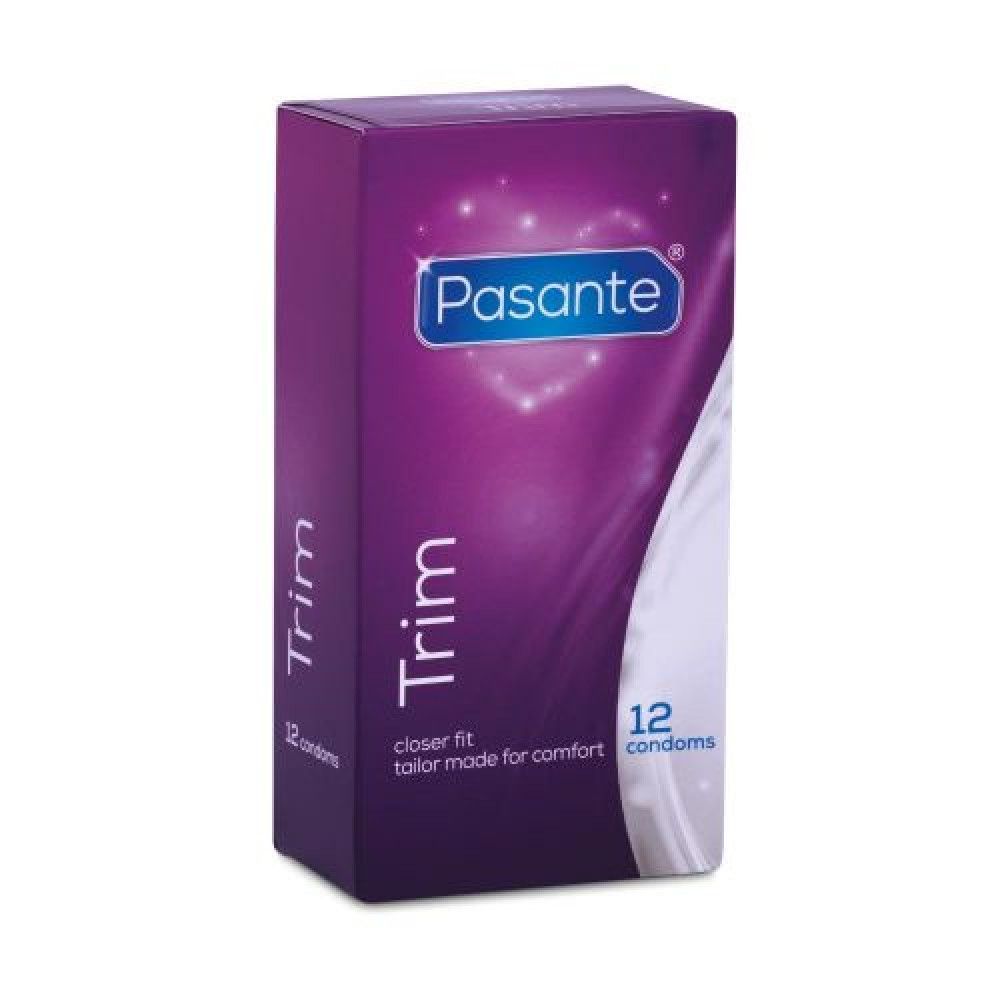 Confezione di preservativi Pasante Trim. Scatola viola con logo e testo. Contiene 12 preservativi.