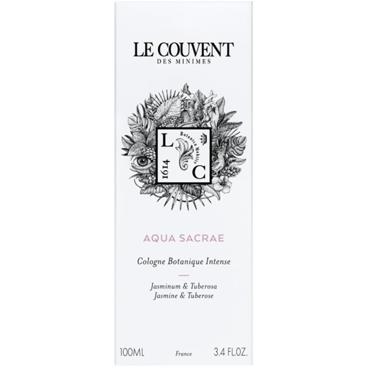 Confezione bianca con logo e scritta: Le Couvent, Aqua Sacrae. Logo con elementi floreali. Testo: Cologne Botanique Intense.