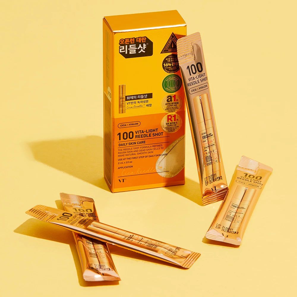 Confezione e fiale singole del VT COSMETICS 100 Vita-Light Reedle Shot.