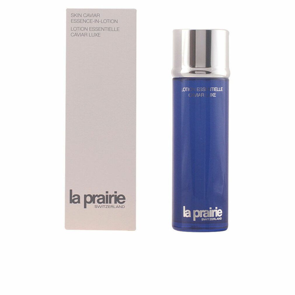 Flacone blu con tappo argentato e confezione bianca. Scritta: Skin Caviar Essence-in-Lotion, La Prairie.