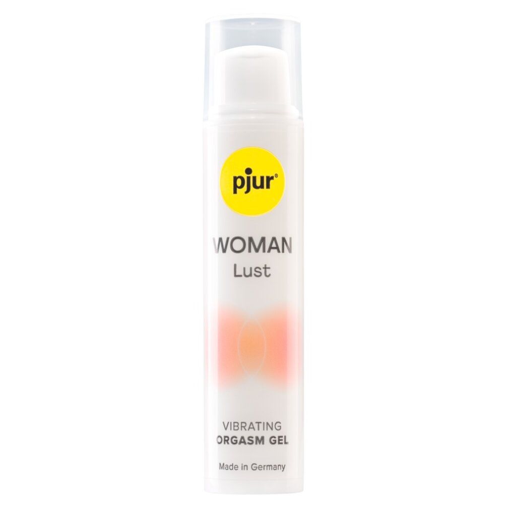 Flacone bianco con etichetta gialla. Nome e testo del prodotto. Tappo trasparente. Testo: Vibrating Orgasm Gel. Prodotto in Germania.