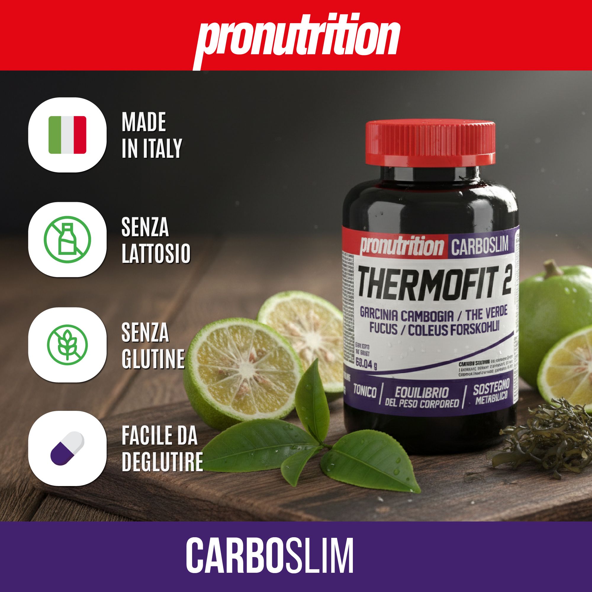 Flacone scuro con tappo rosso. Scritta Thermofit 2. Limoni ed erbe accanto. Testo: Made in Italy, senza lattosio, senza glutine.