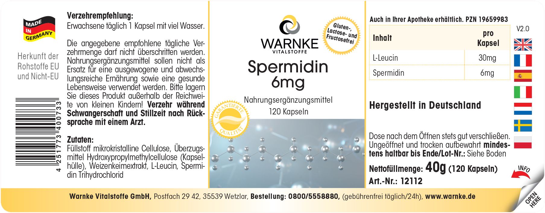 Etichetta con informazioni sul prodotto. Scritta: Warnke Vitalstoffe Spermidina 6mg. 120 capsule. Integratore alimentare. Prodotto in Germania.