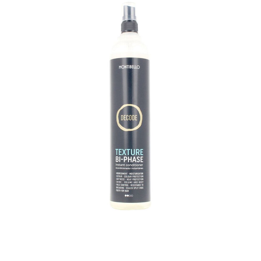 Flacone spray per capelli con etichetta nera. Scritta: Montibello, Decode, Texture Bi-Phase. Erogatore spray.