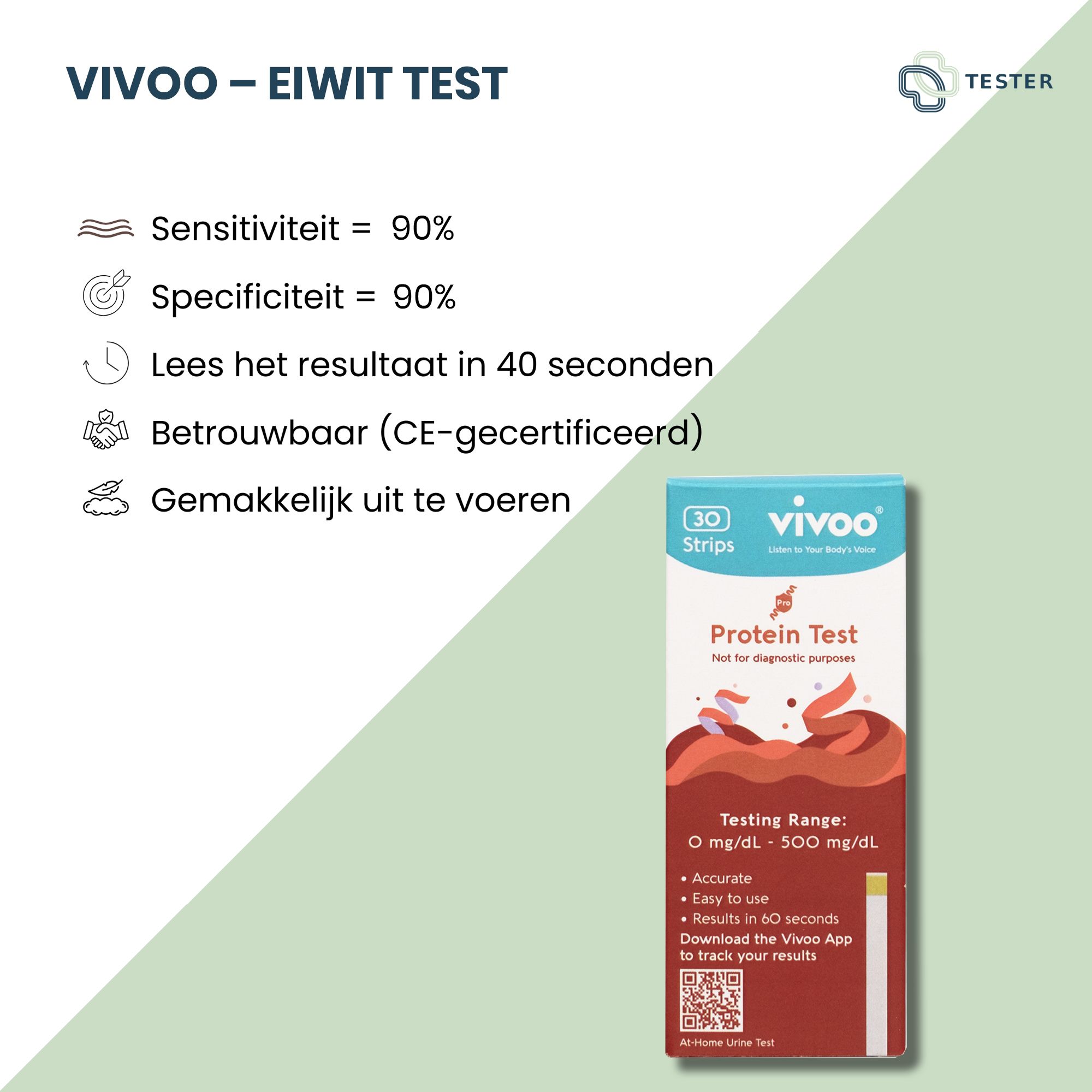 Test proteine Vivoo. Confezione da 30 strisce. Intervallo di test: 0-500 mg/dL. Risultati in 60 secondi.