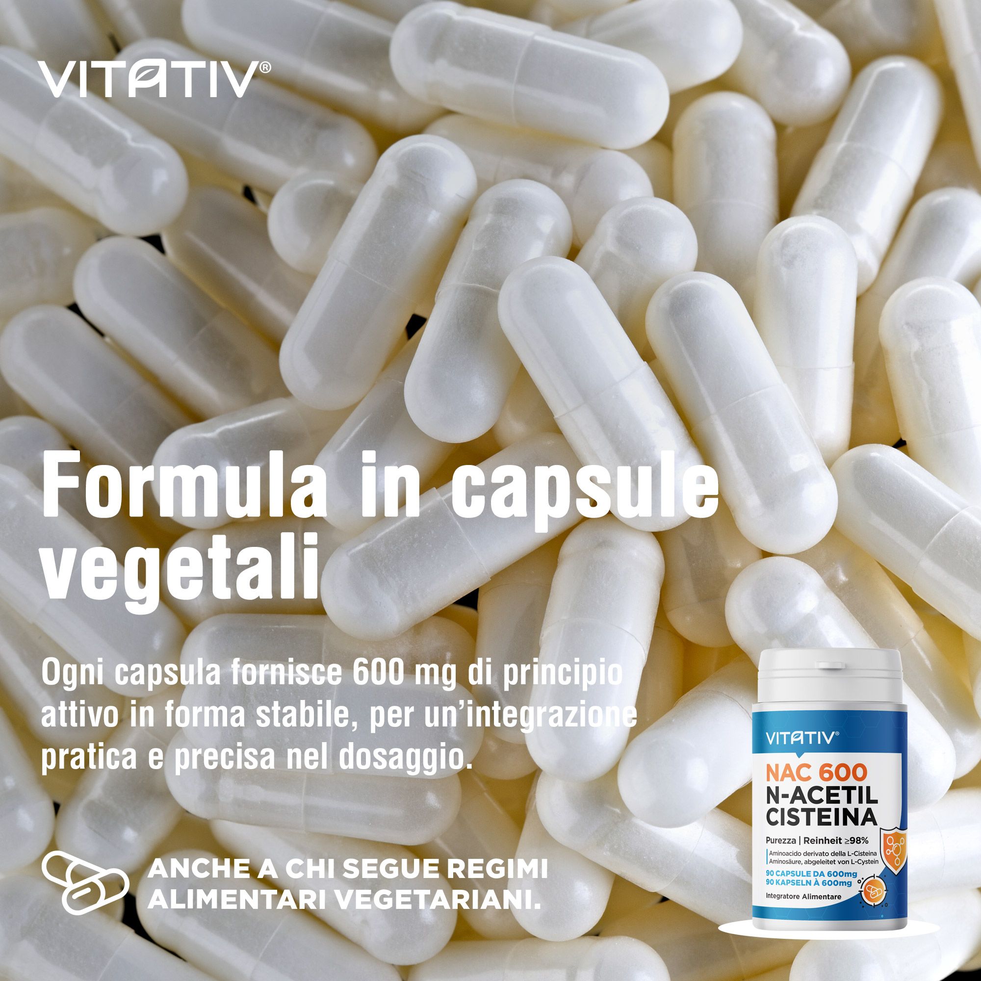 VITATIV® NAC 600 N-Acetil-L-Cisteina | 90 Capsule Vegetali | Nac Elevata Purezza