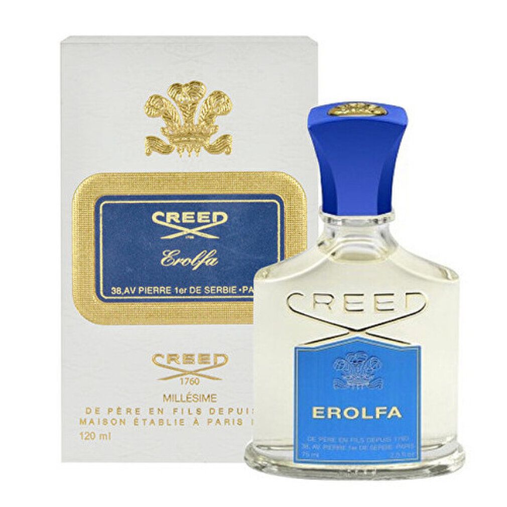 Flacone con tappo blu e confezione rettangolare. Scritta: Creed Erolfa. 120 ml.