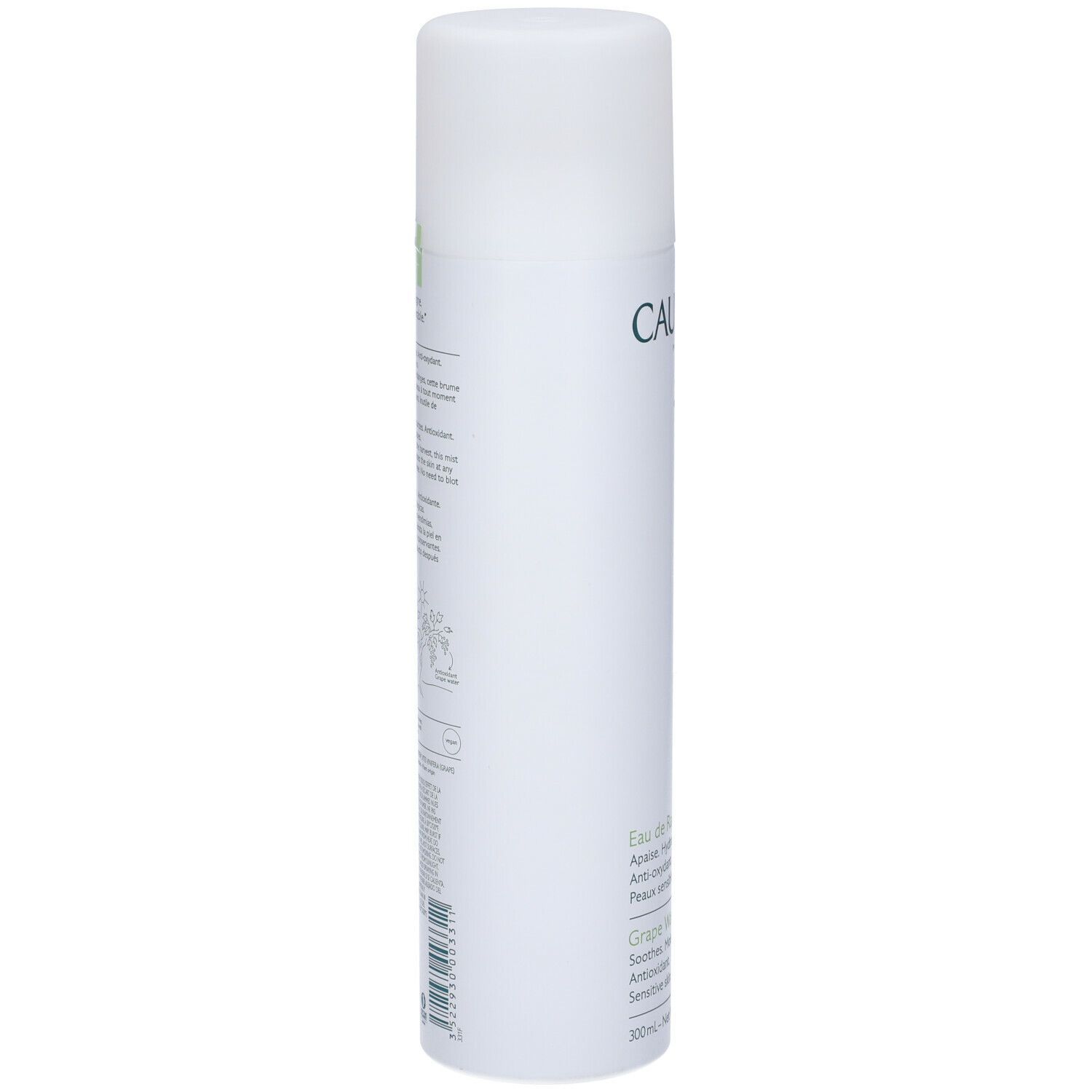 Flacone spray bianco Caudalie. Scritta e testo in verde. Retro con testo e illustrazioni.
