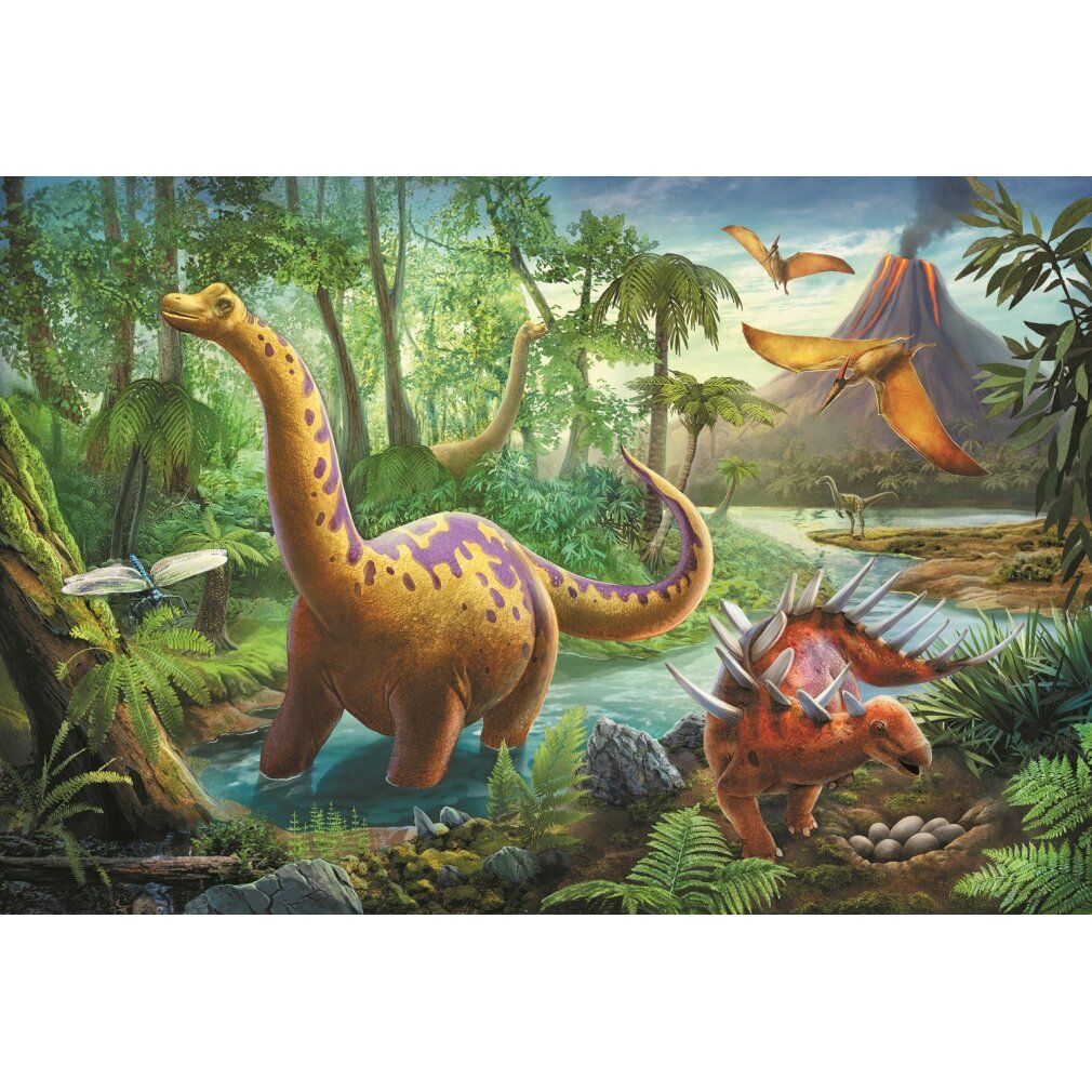 Puzzle di dinosauri. 60 pezzi. Paesaggio con dinosauri, vulcano e palme. Marchio Trefl. Per bambini dai 4 anni.