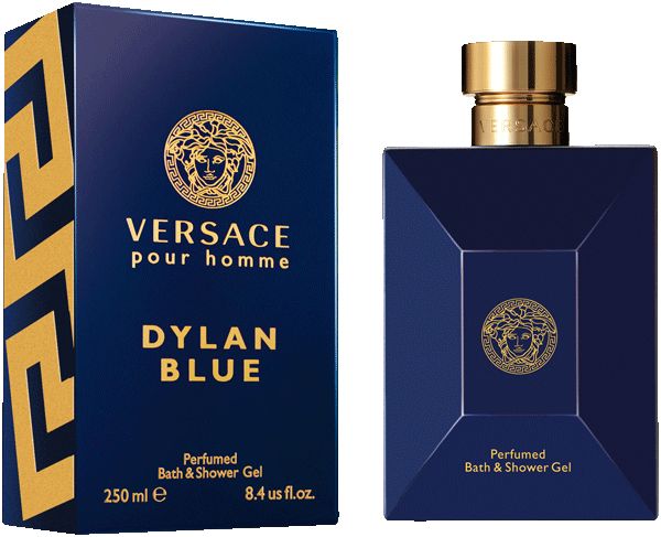 Flacone e confezione blu scuro. Logo dorato e scritta "Versace pour homme Dylan Blue".