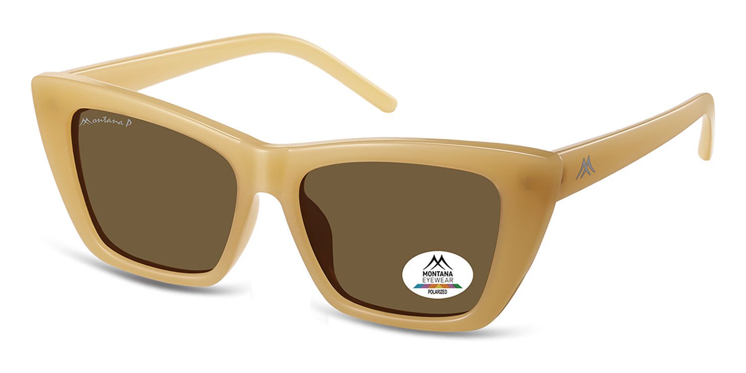Occhiali da sole con lenti marroni e montatura beige. Logo Montana Eyewear sulla lente. Polarizzati.