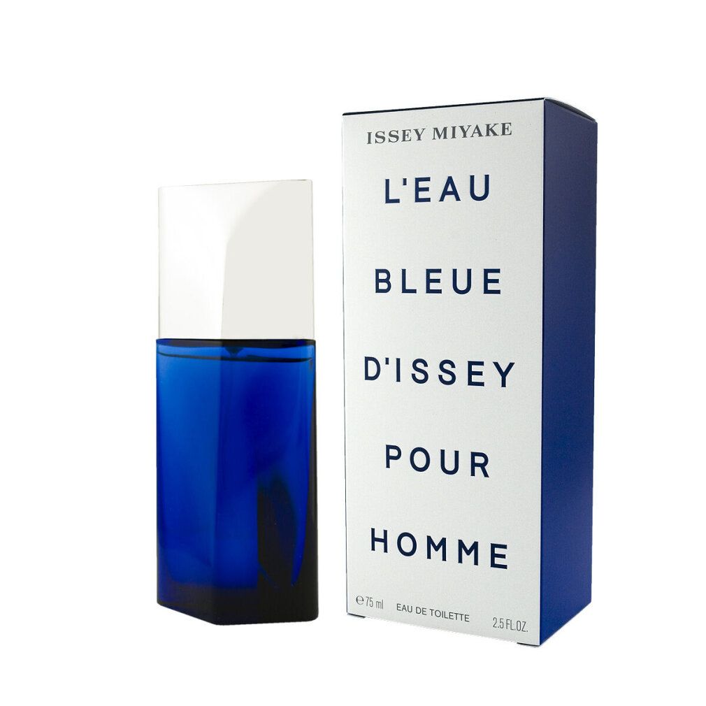 Flacone blu e scatola bianca. Sulla scatola: ISSEY MIYAKE, L'EAU BLEUE D'ISSEY POUR HOMME. Flacone accanto.