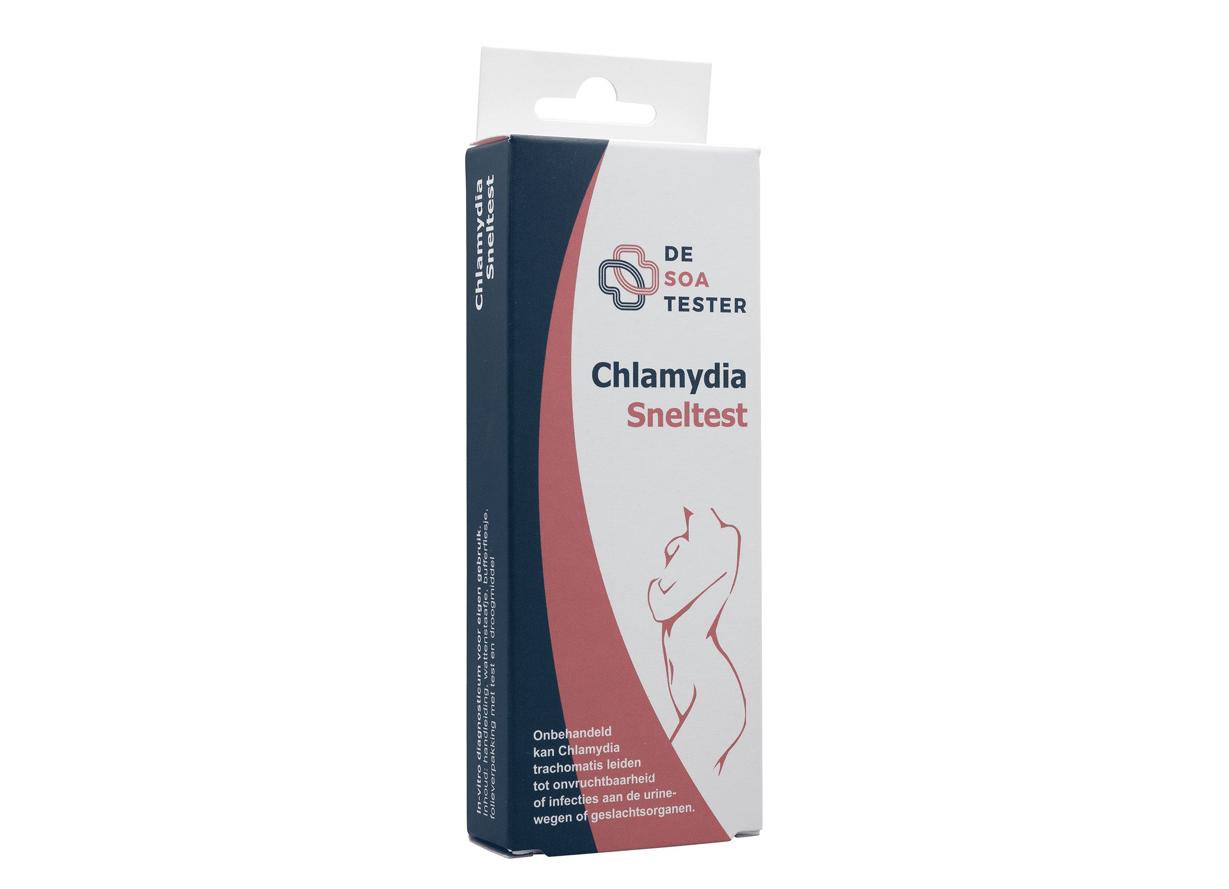 Confezione del test rapido della clamidia. Scatola bianca e blu con logo, nome del prodotto e illustrazione di una donna. Contiene testo.