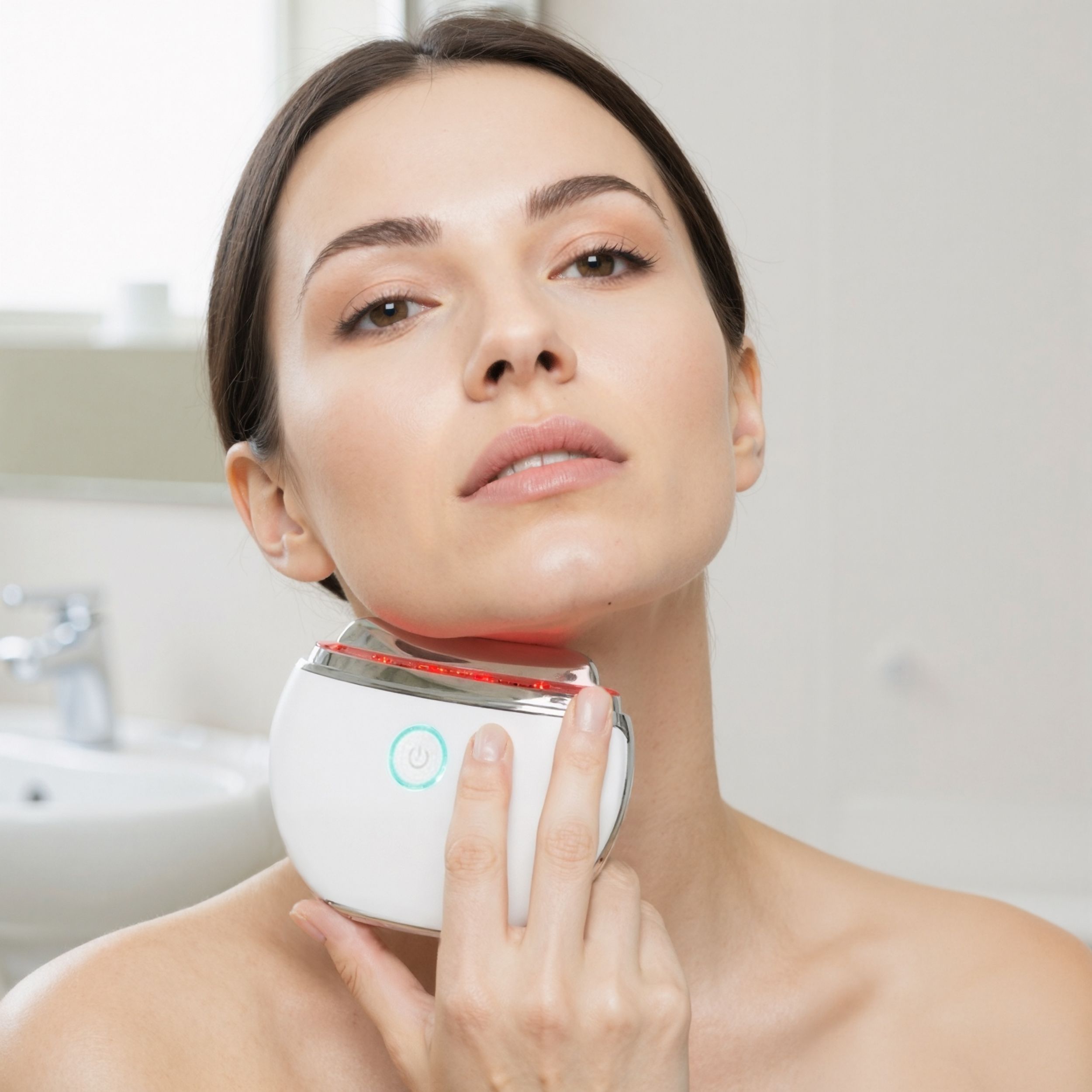 Dispositivo massaggiante bianco con luce rossa, tenuto sul collo. Donna in bagno. Dettagli argento, pulsante verde.