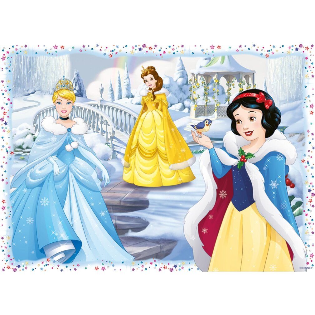 Puzzle con Cenerentola, Belle e Biancaneve. Cenerentola in blu, Belle in giallo, Biancaneve con uccello. Scena invernale.
