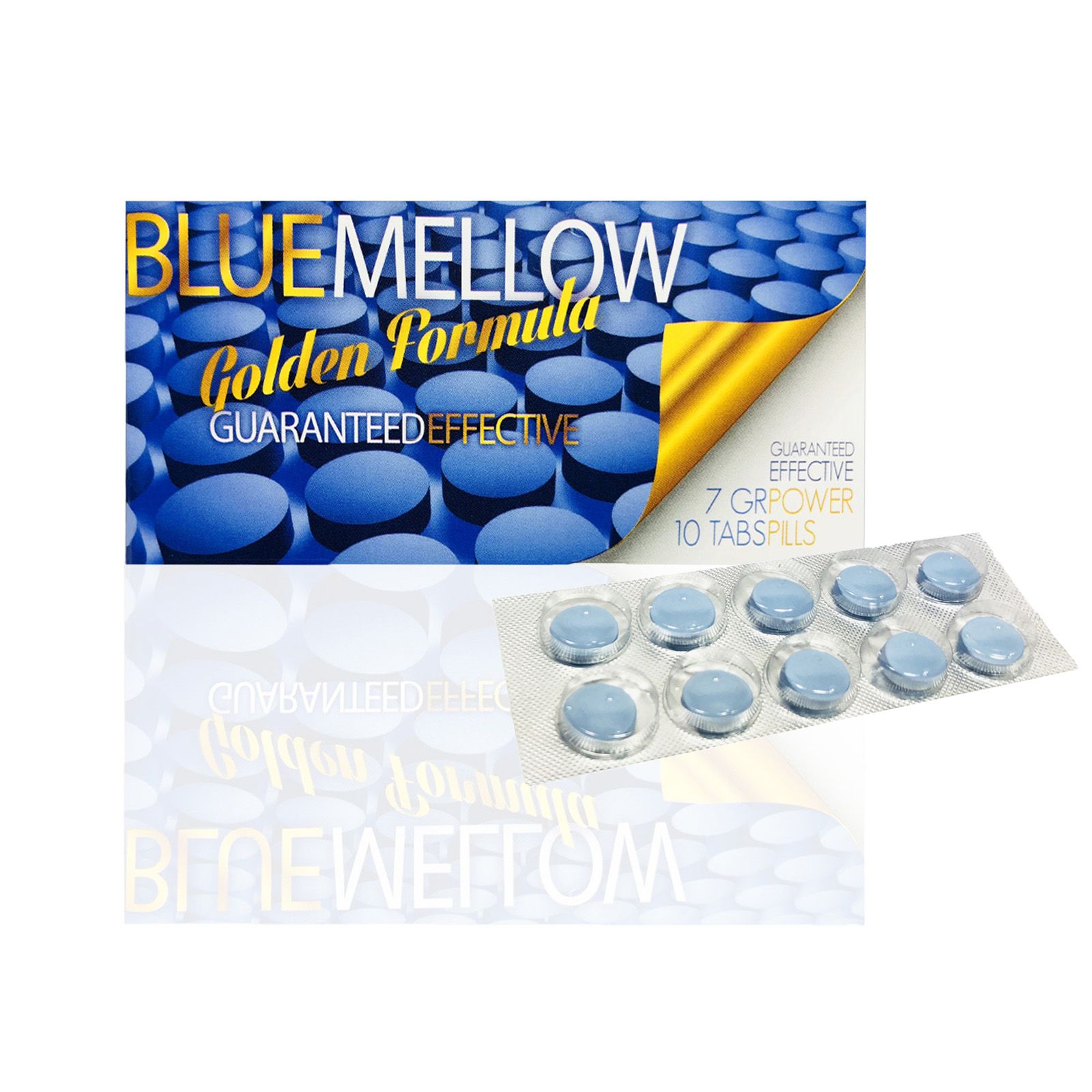 Confezione blister con compresse blu accanto a confezione "Blue Mellow" con testo dorato.