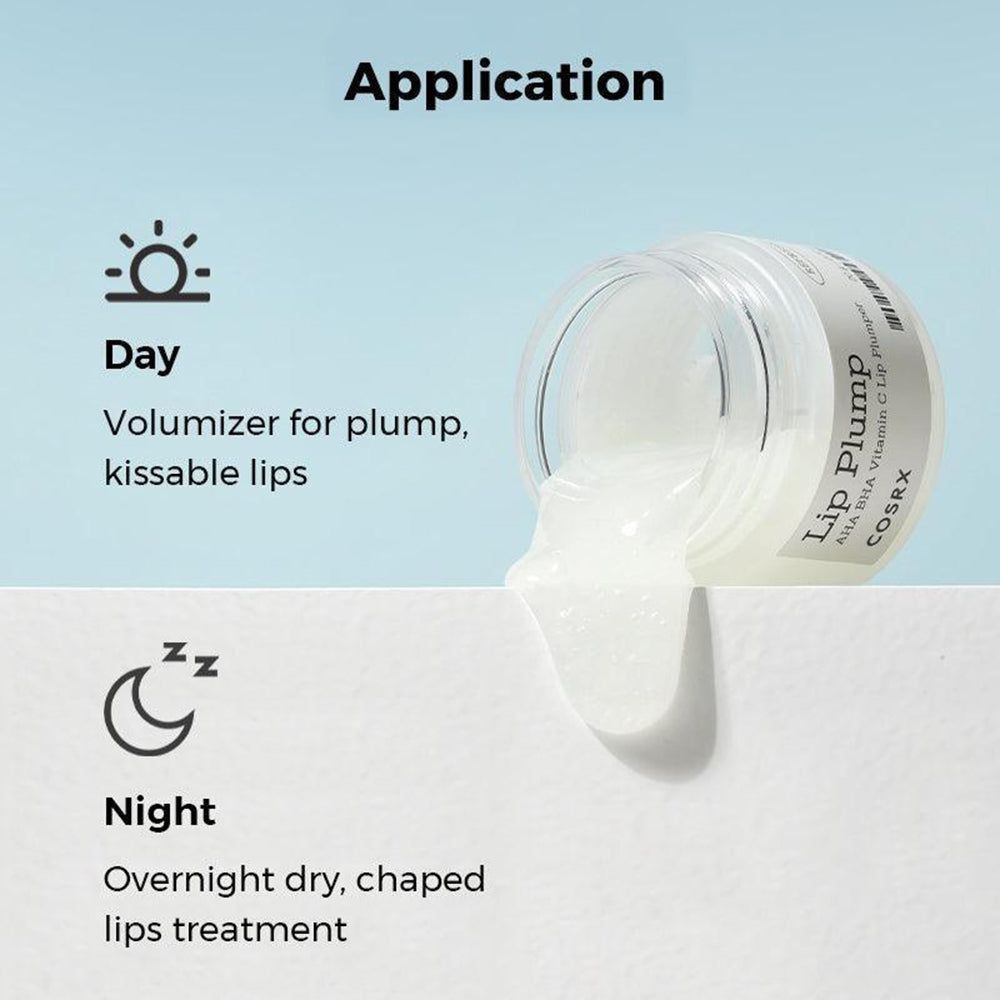 Applicazione del COSRX AHA BHA Vitamin C Lip Plumper: giorno e notte per la cura delle labbra.