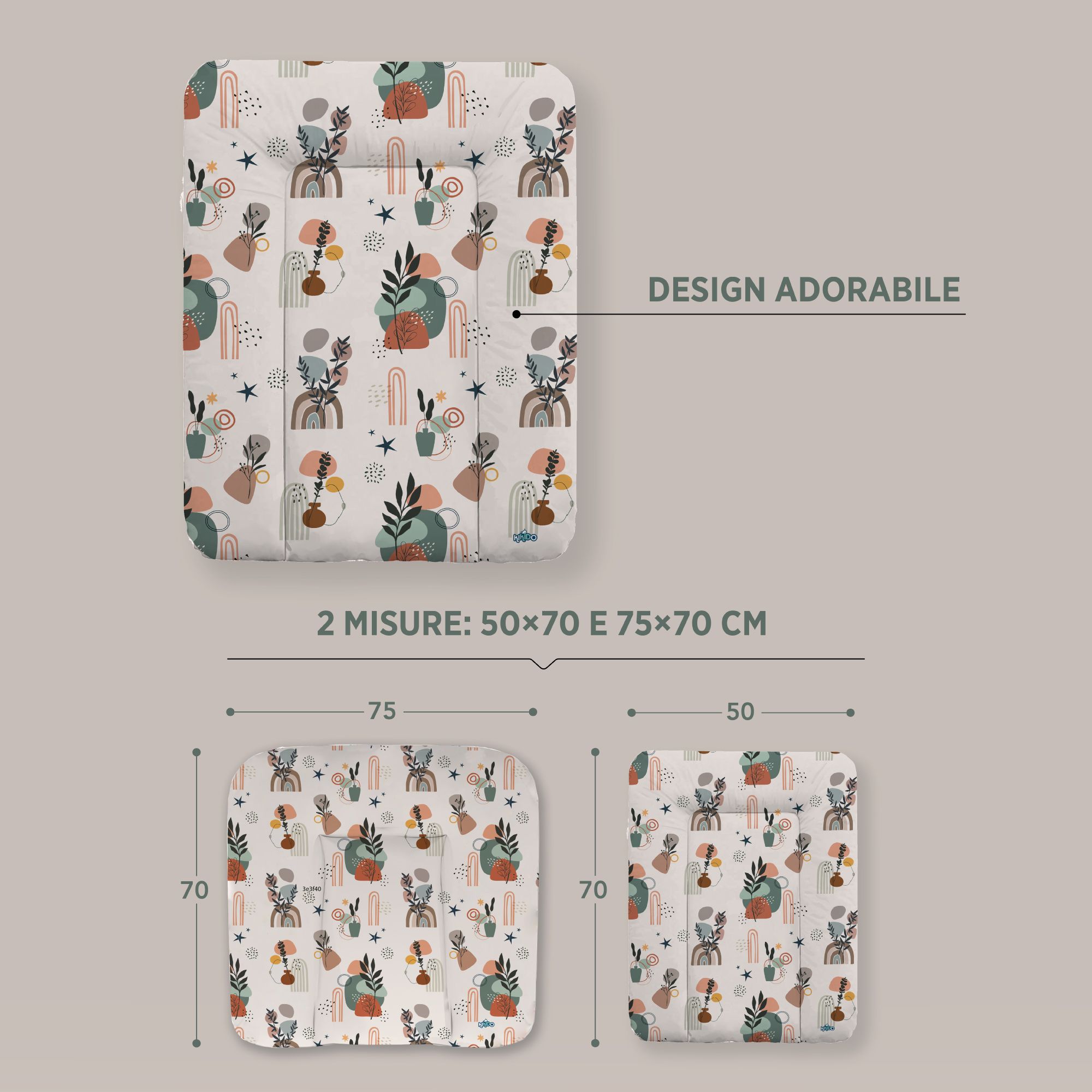 Due materassini fasciatoio con motivo vegetale. Misure: 50x70cm e 75x70cm. Testo: 2 misure.