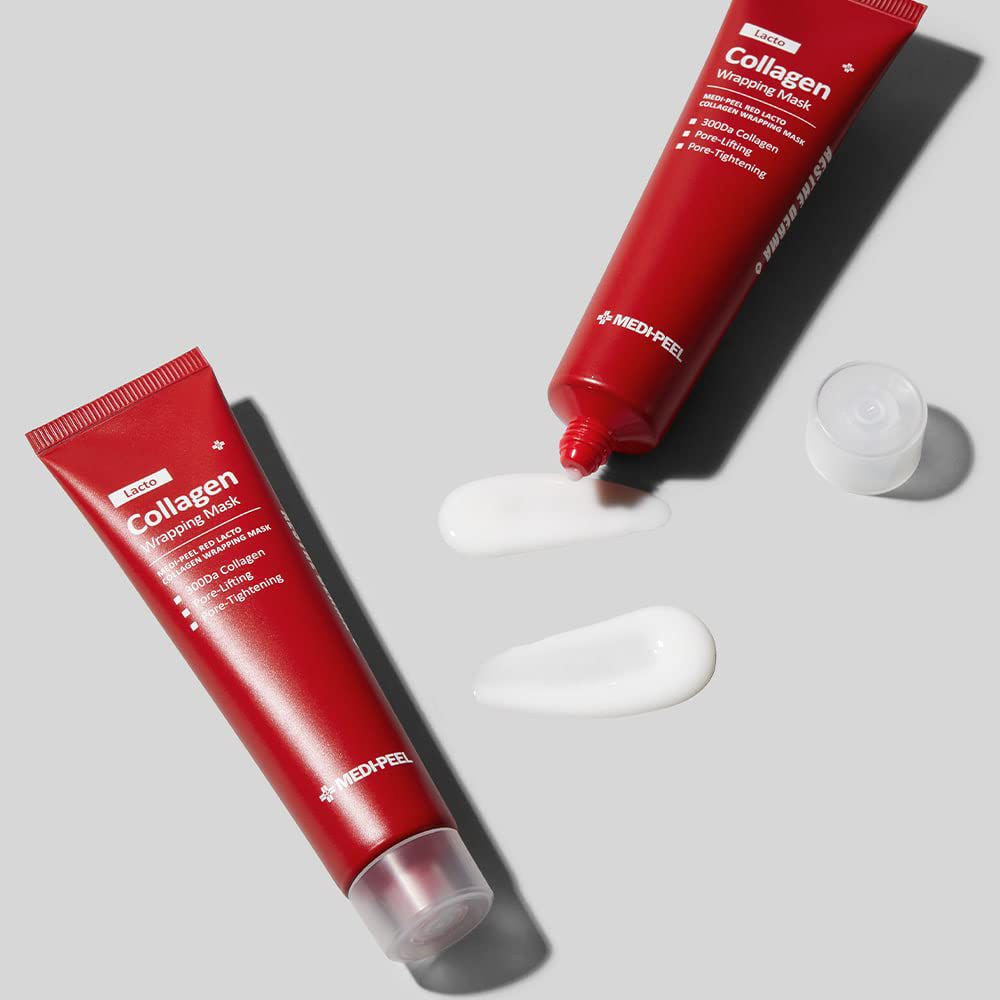 Due tubi rossi "Lacto Collagen Wrapping Mask" con campioni di prodotto accanto.