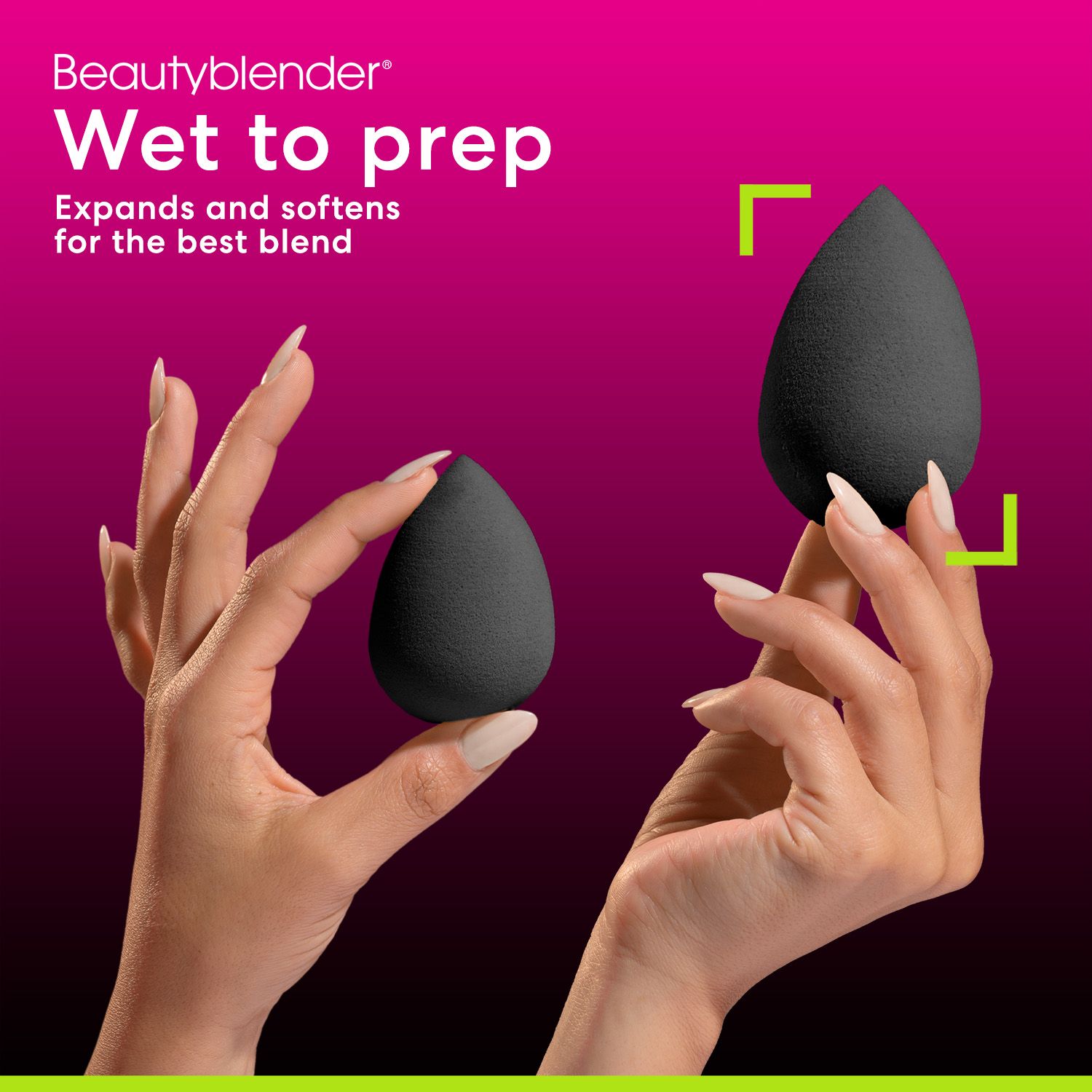 Due Beautyblender Pro neri. Testo: Wet to prep, si espande e ammorbidisce per una migliore miscelazione.