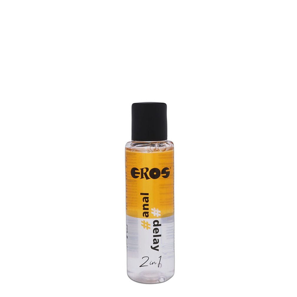 Flacone con etichetta giallo-bianca. Scritta EROS, #anal, #delay, 2in1. Tappo nero. Liquido trasparente.