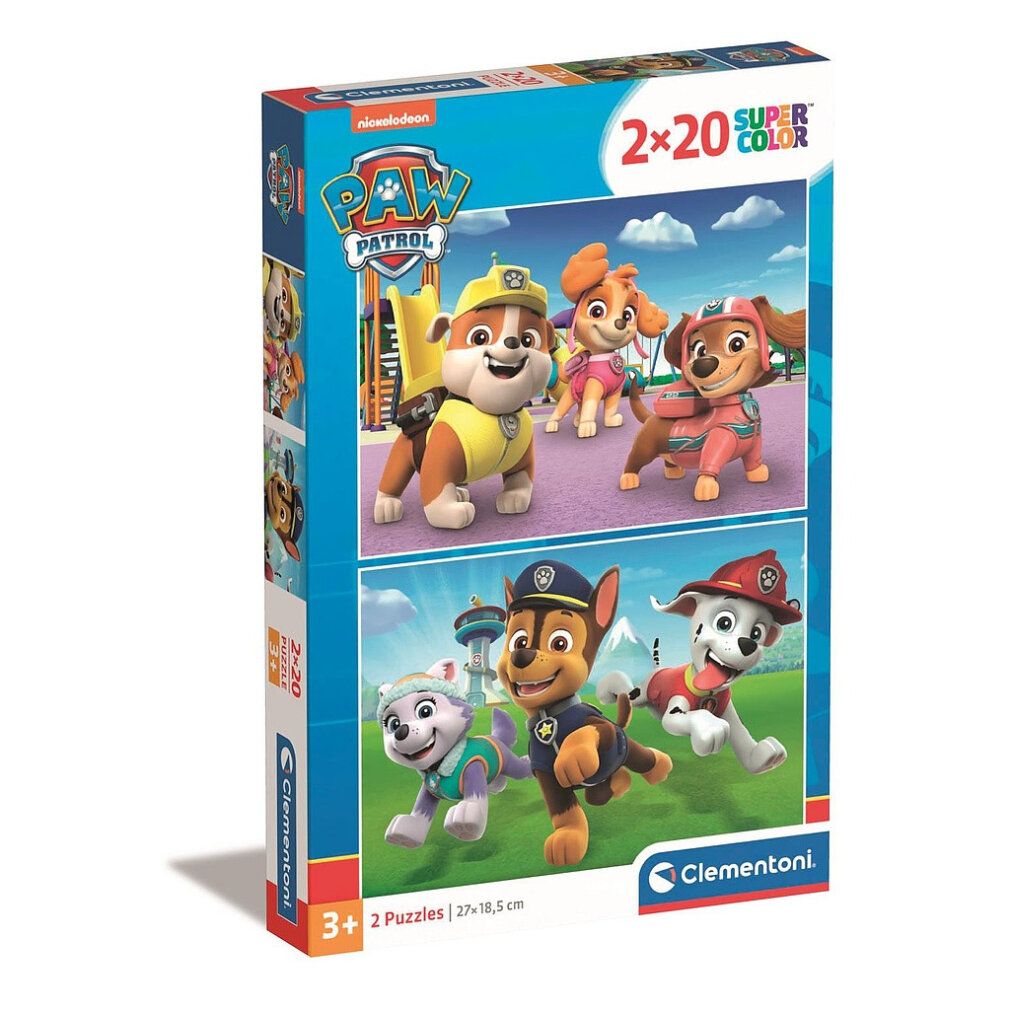 Puzzle Clementoni Paw Patrol, 2x20 pezzi. Confezione con motivi Paw Patrol. Scritte: Nickelodeon, Supercolor Puzzle, 27x18,5cm, 3+.