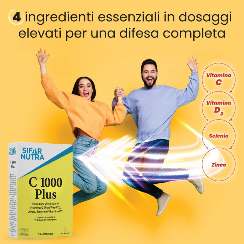 Due persone saltano. Scatola gialla "Sifar Nutra C 1000 Plus". Testo: Vitamina C, D3, Selenio, Zinco. 4 ingredienti essenziali.