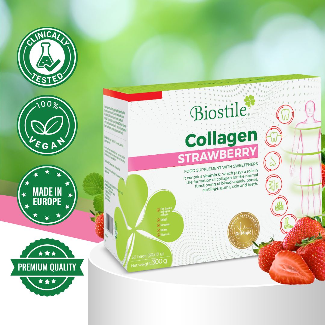 Confezione Biostile Collagen Strawberry. Certificazioni: Vegano, Made in Europe, Qualità Premium.