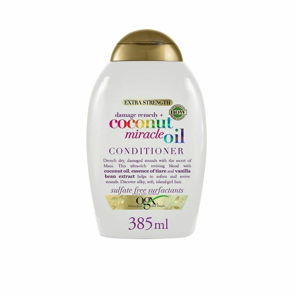 Flacone bianco con tappo dorato. Scritta: Coconut Miracle Oil Conditioner. Volume: 385 ml. Contiene olio di cocco.