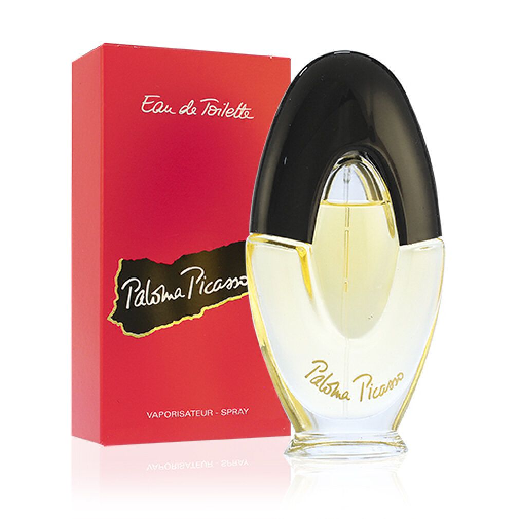 Flacone di profumo e scatola. Flacone ovale, tappo nero, liquido trasparente. Scatola rossa, scritta Paloma Picasso.