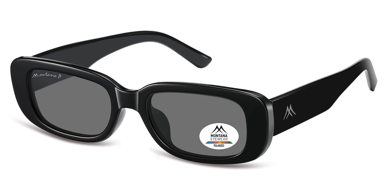 Occhiali da sole neri, vista obliqua. Logo Montana Eyewear sull'asta. Lenti polarizzate.