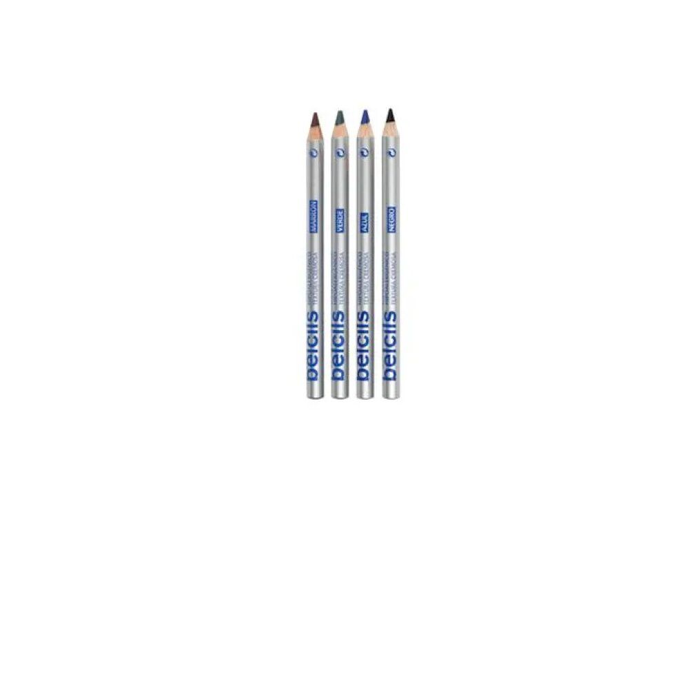 Una singola matita argentata con testo blu. Scritta: Belcils. Mina nera. Su sfondo bianco.